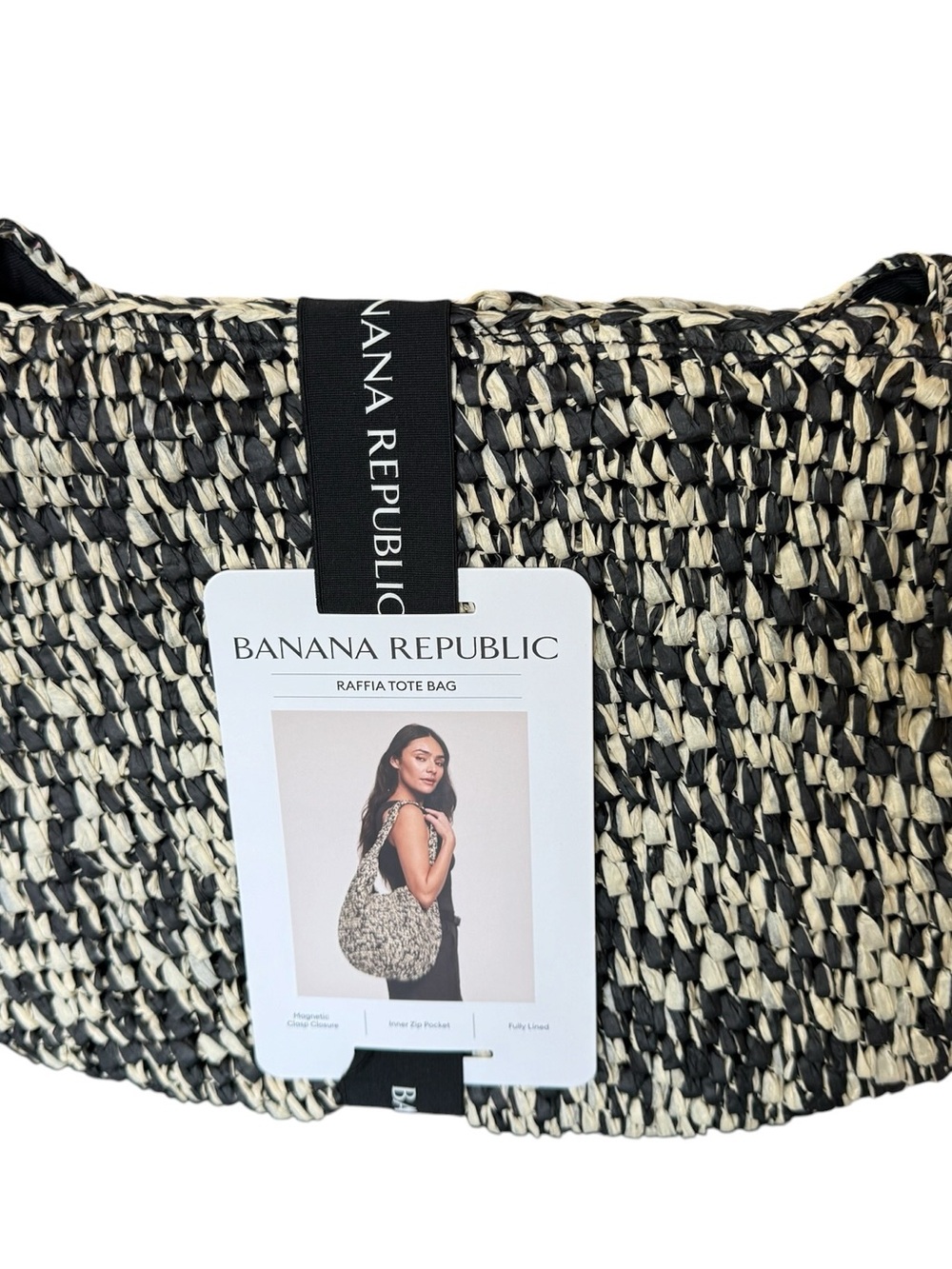 Banana Republic Black & Cream Woven Raffia Tote